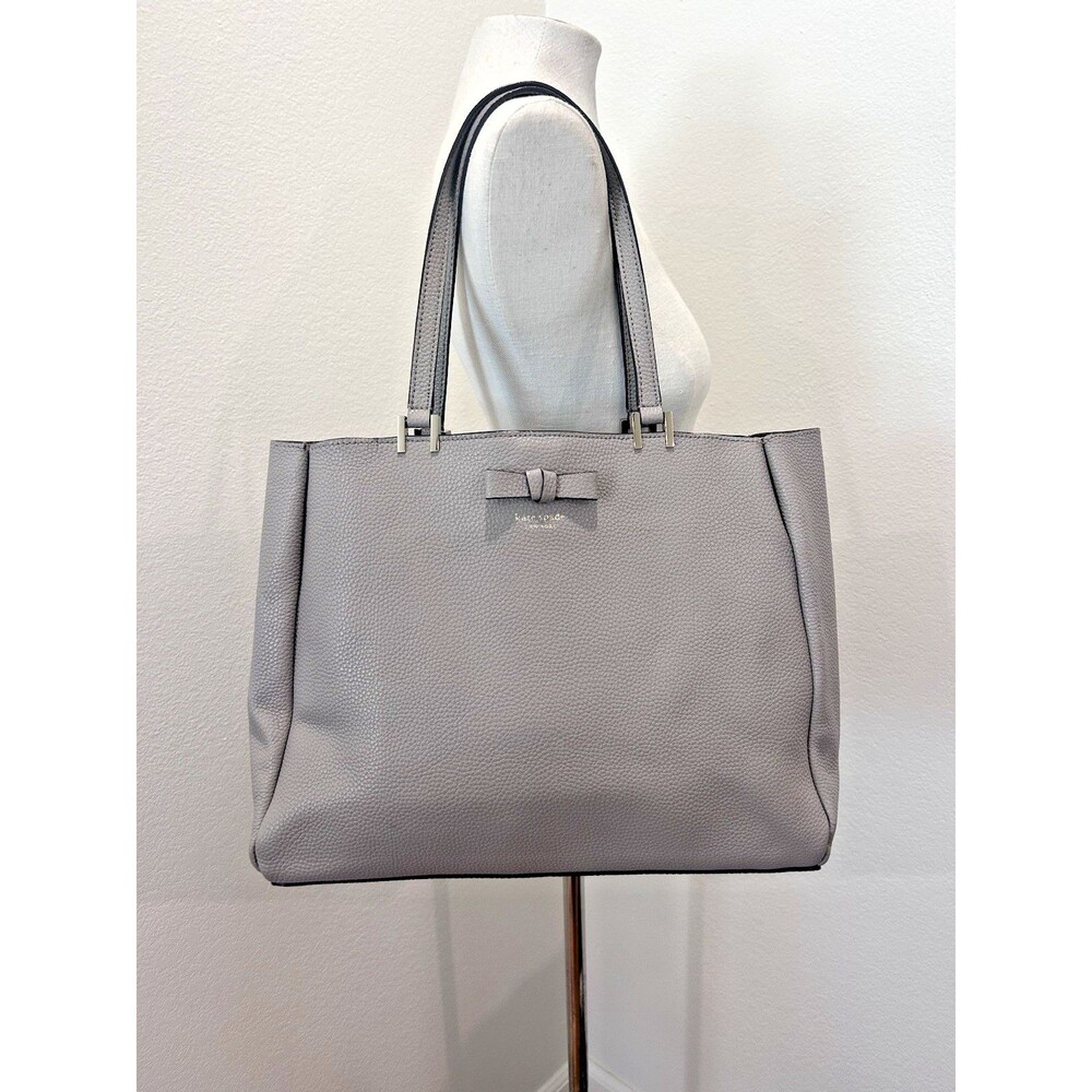 Kate Spade New York Gray Pebbled Leather Bow Tote Shoulder Bag Purse Large